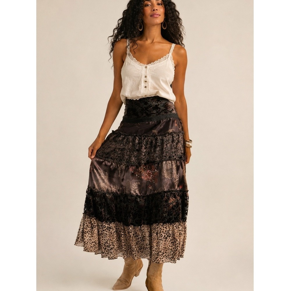 Brown Velvet Burnout Patchwork Leopard Tiered Midi Skirt Medium